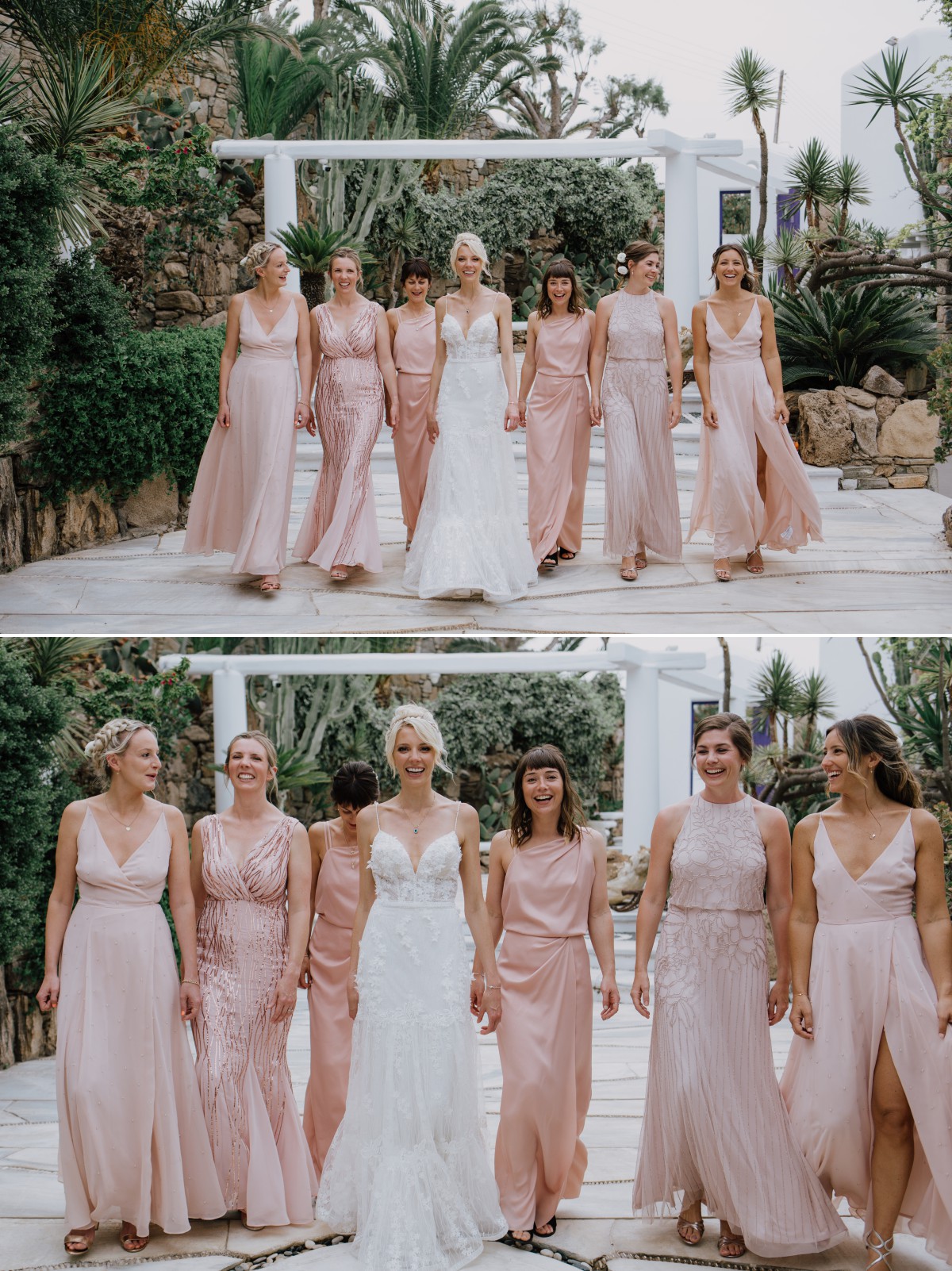 Bride with bridesmaids walk in Greece wedding