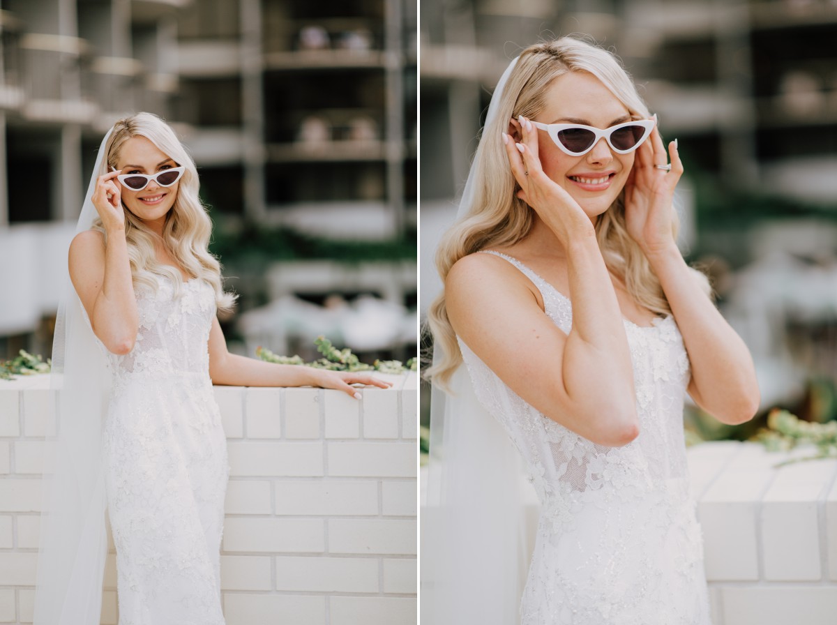 bride wearing sunglasses on wedding day