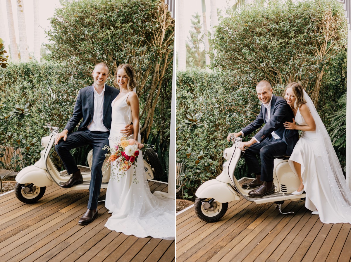 Bride and groom on moped