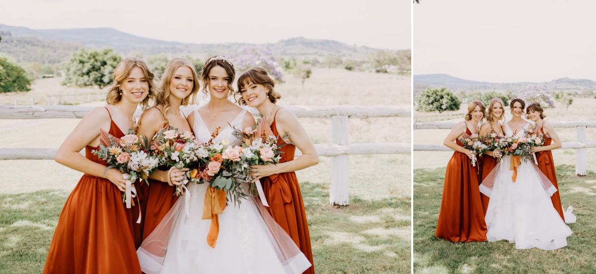 bride with bridesmaids in dresses