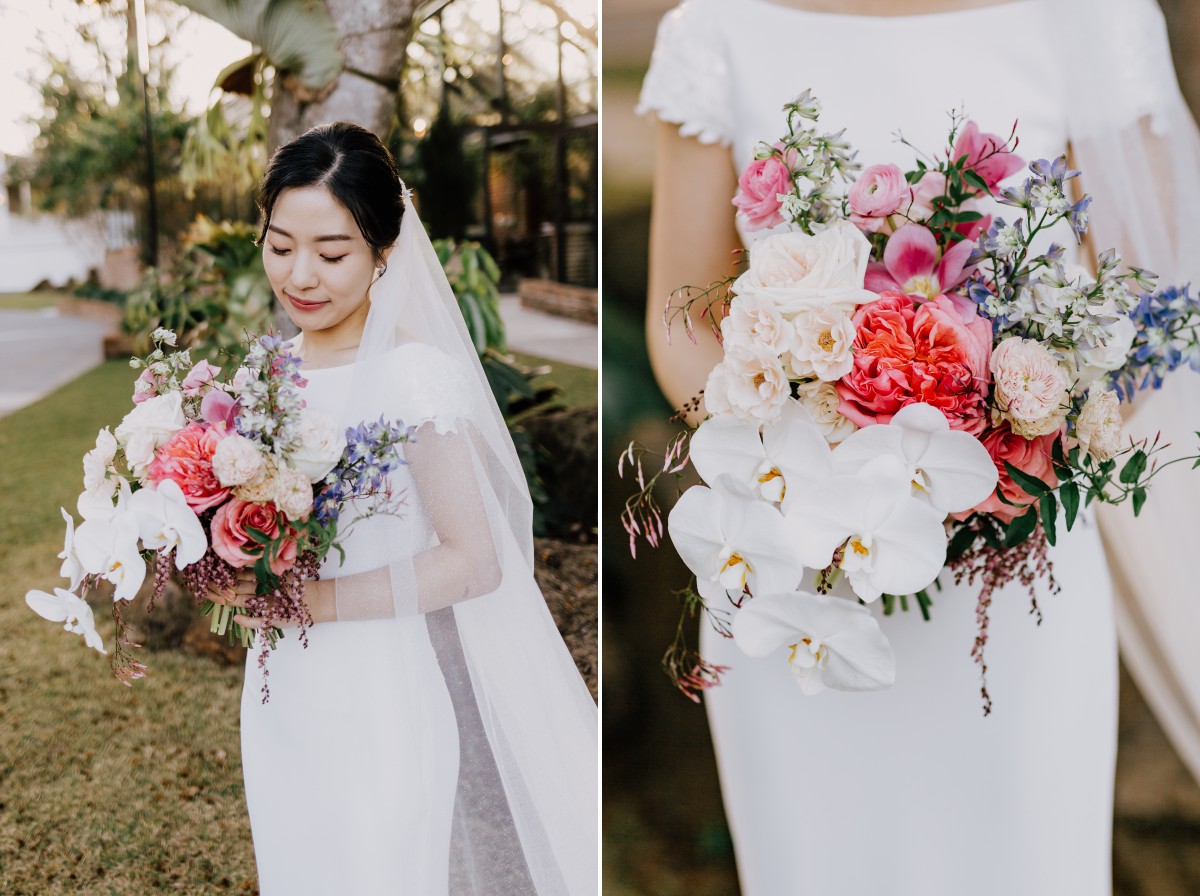 bride and her wedding florals at The Valley Estate