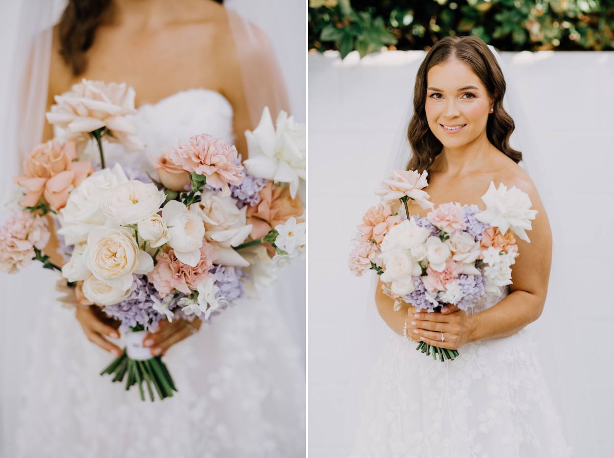 a beautiful bride with her wedding flowers