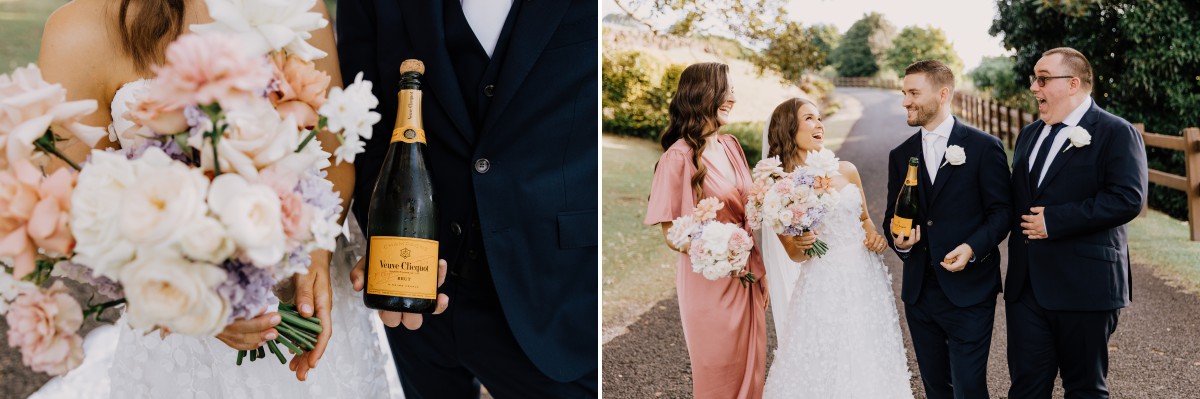 champagne popping with bridal party on wedding day