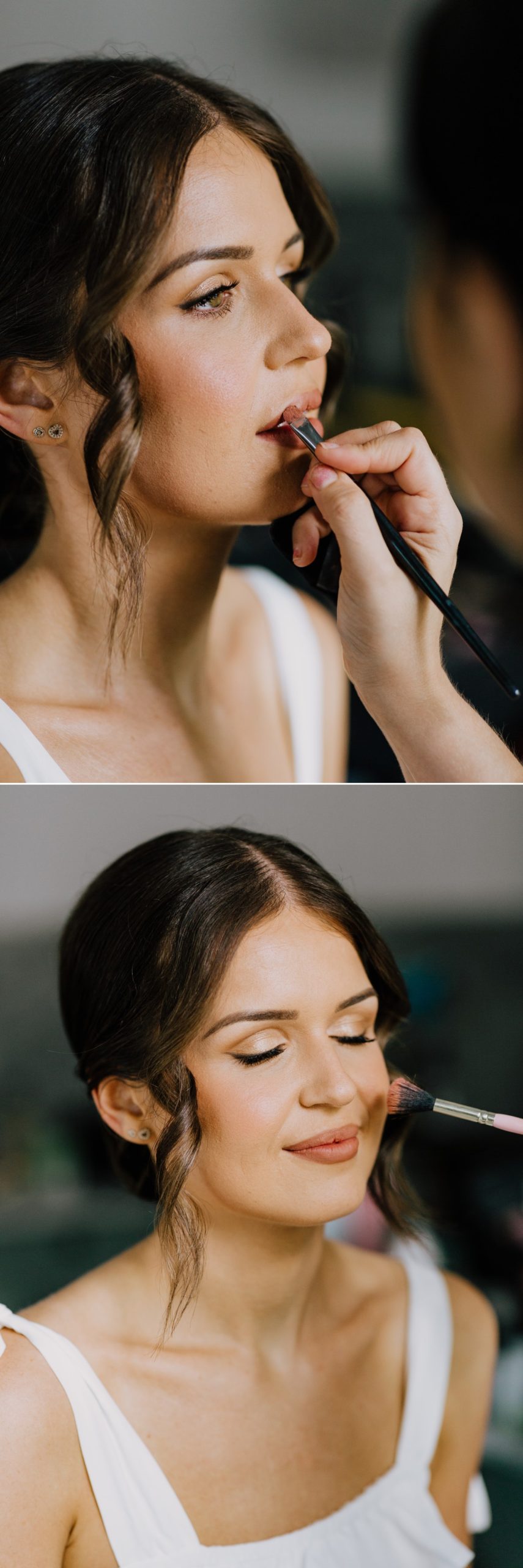 Bride getting makeup on wedding day