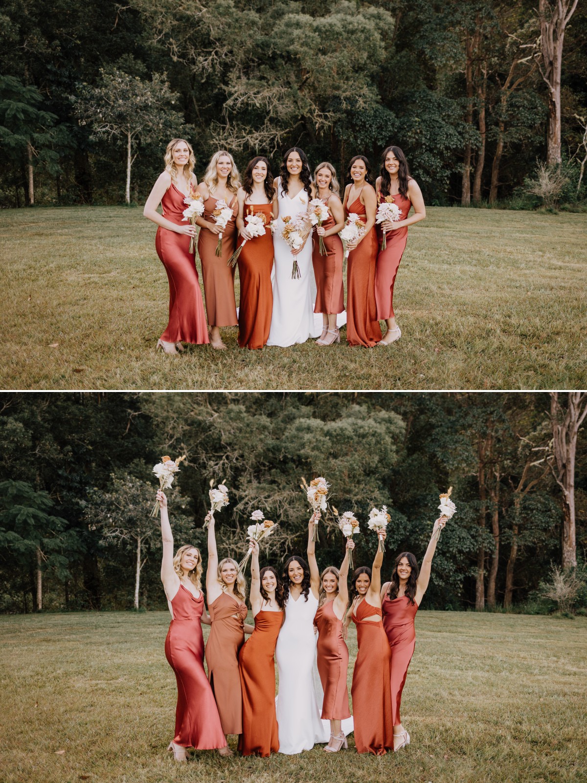 Bride with her bridesmaids in warm rustic tone dresses