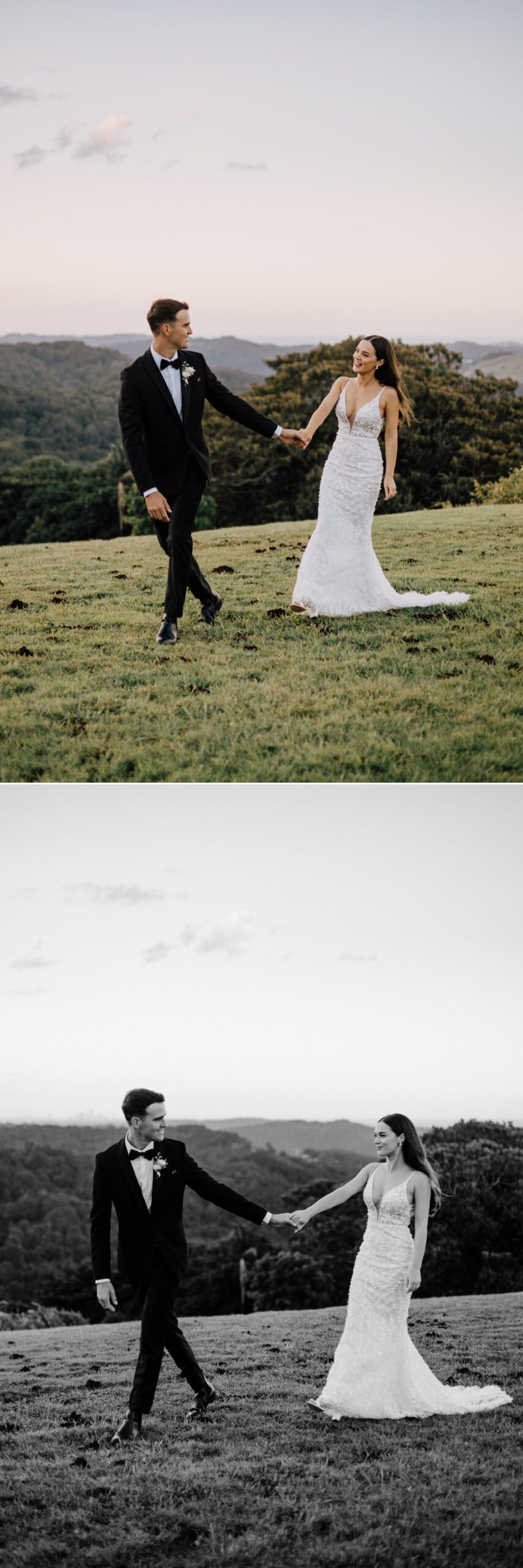 Bride & Groom wedding photograph at Summergrove Estate walking hand in hand