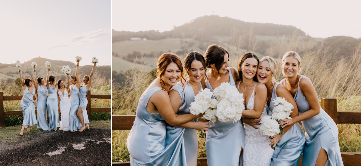 bride and bridesmaids in sky blue dresses at sunset