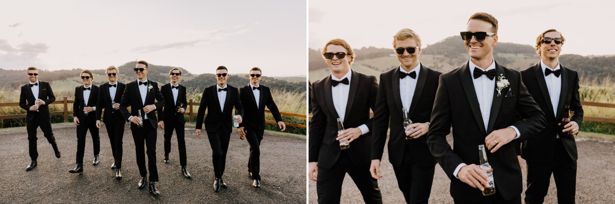 groom and groomsmen walking candid shot