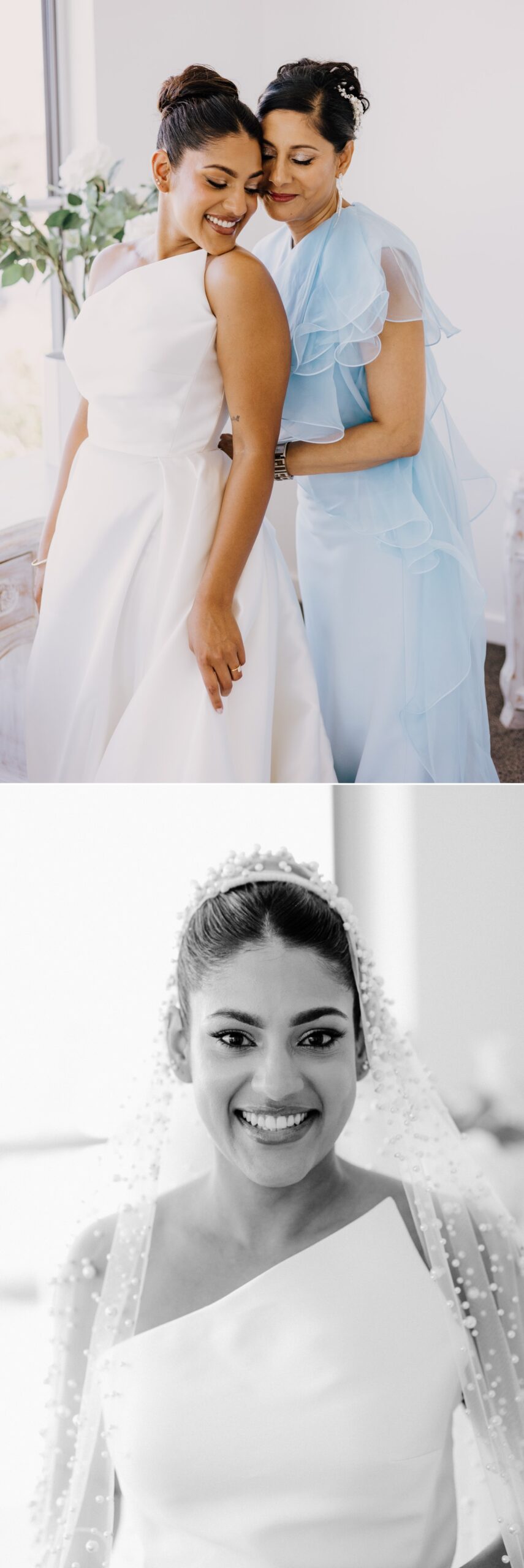 bride helping her daughter into her wedding dress