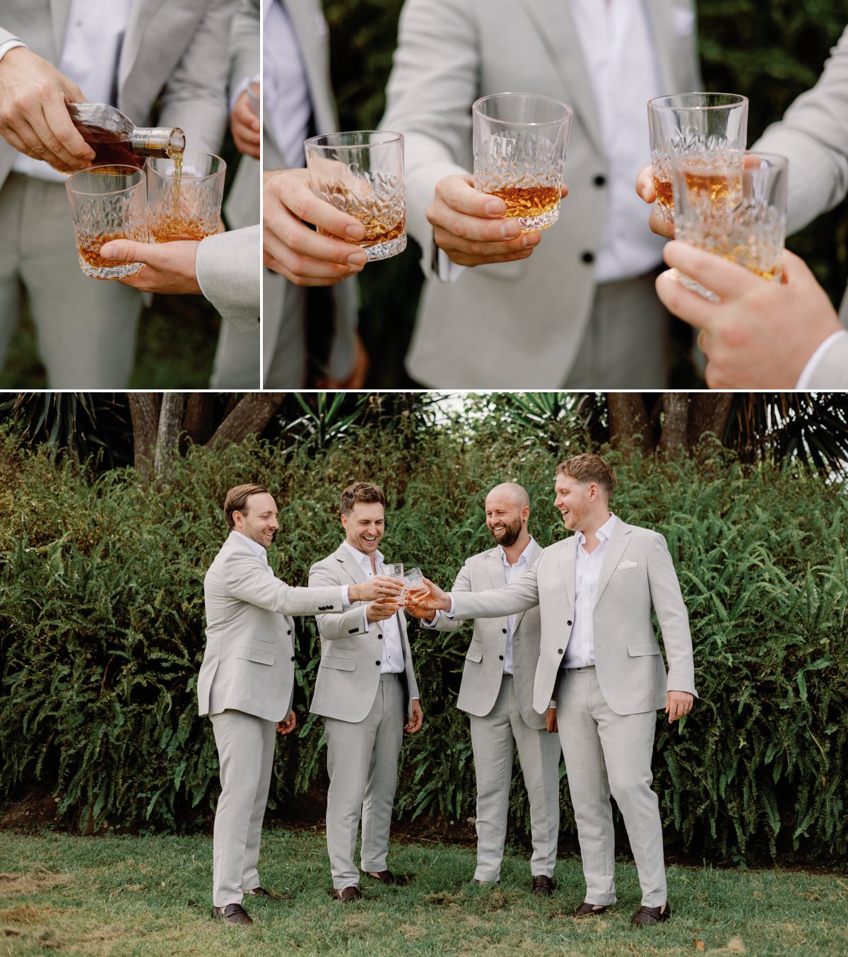 Groom with groomsmen drink and cheers on wedding day