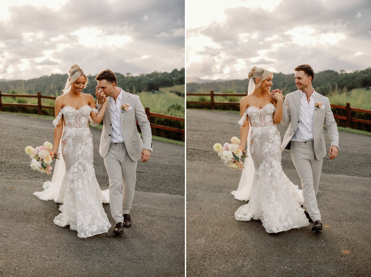 Bride and groom walking hand in hand on wedding day