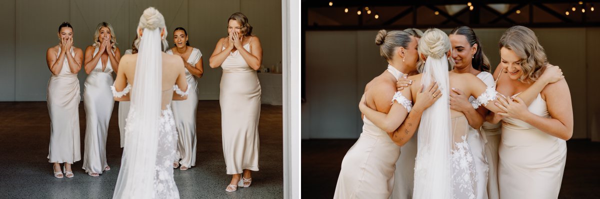 Bride reveals her wedding dress to bridesmaids for the first time