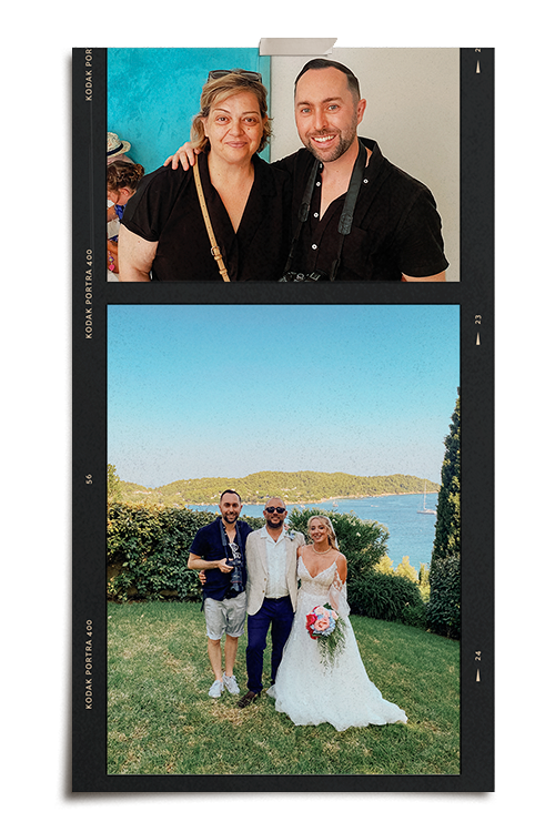 Skiathos wedding photographer with makeup artist and bride and groom on wedding day