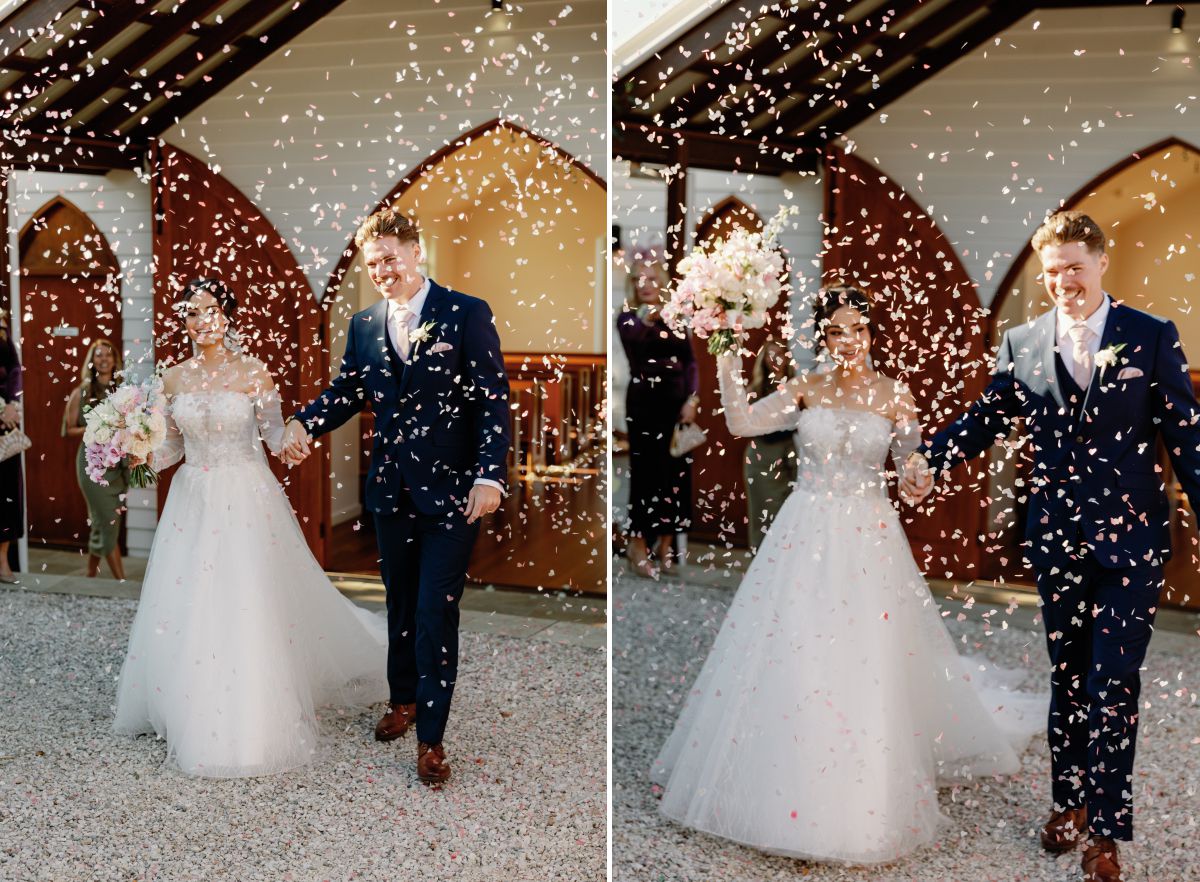 Bride and groom exit with confetti