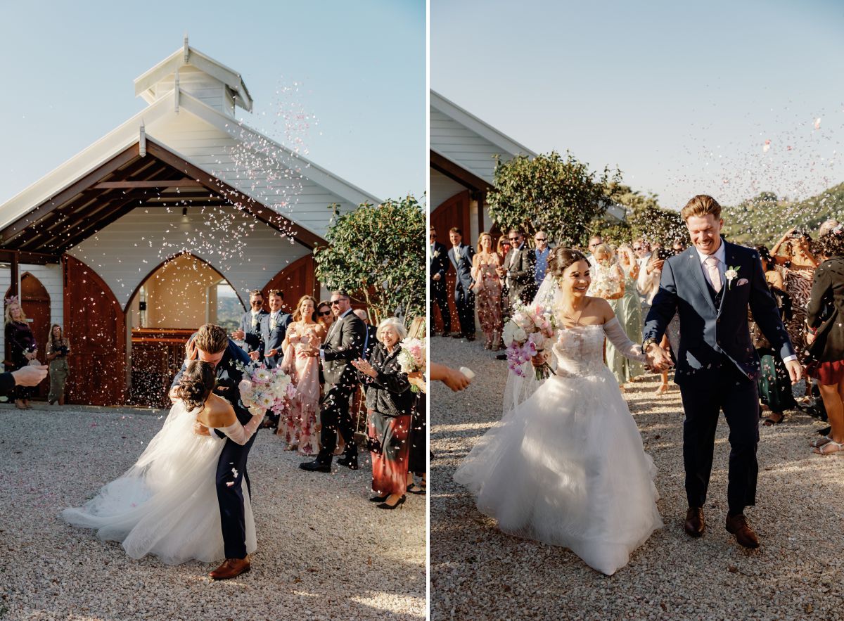 Bride and groom exit with confetti
