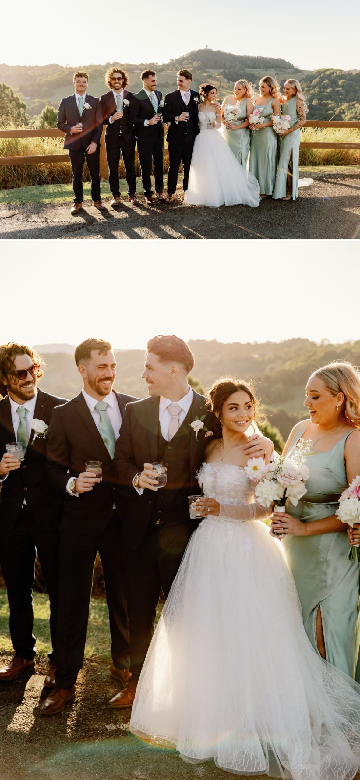 Sunset photos of bride and groom with bridal party