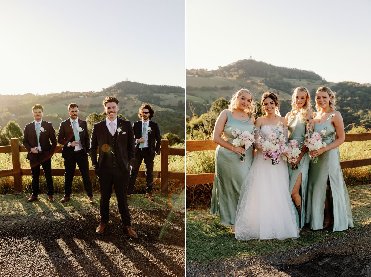 Groom with groomsman and bride with bridesmaids