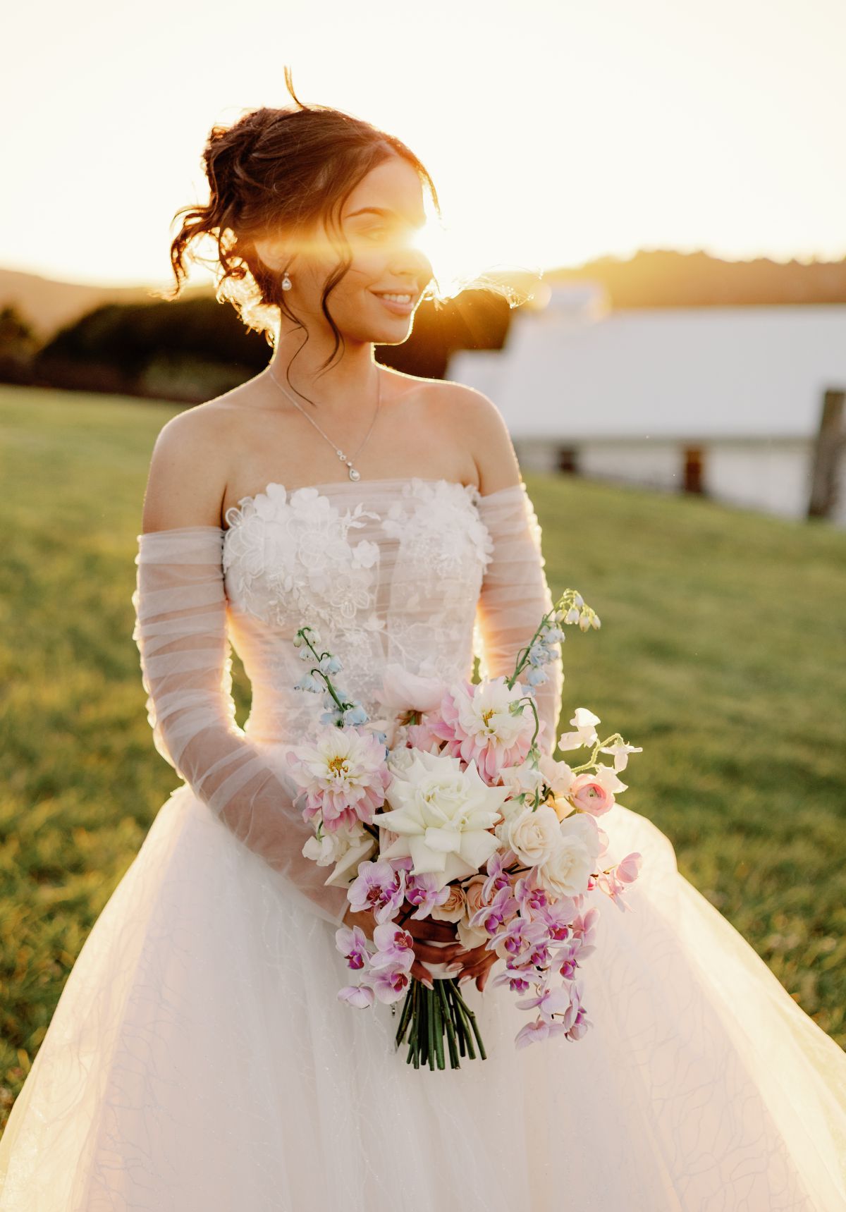 Golden‑hour sunset photos of the bride on her wedding day