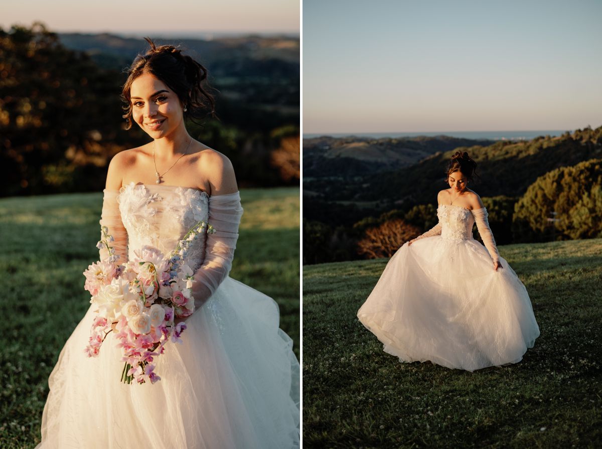 A candid photograph of a bride at sunset