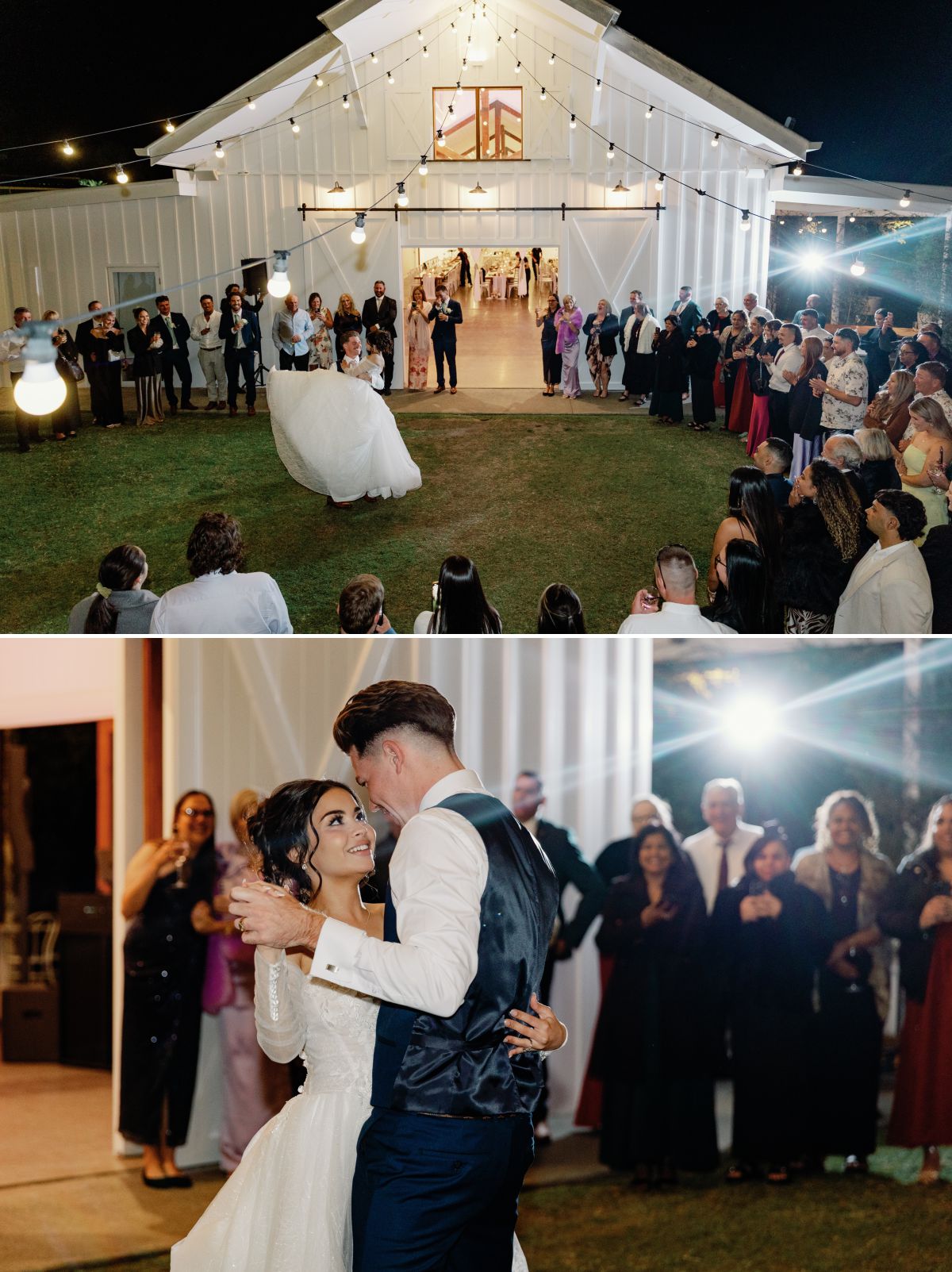 A candid, joy‑filled first dance wedding photo highlighting movement, emotion, and the atmosphere of the outdoor reception.