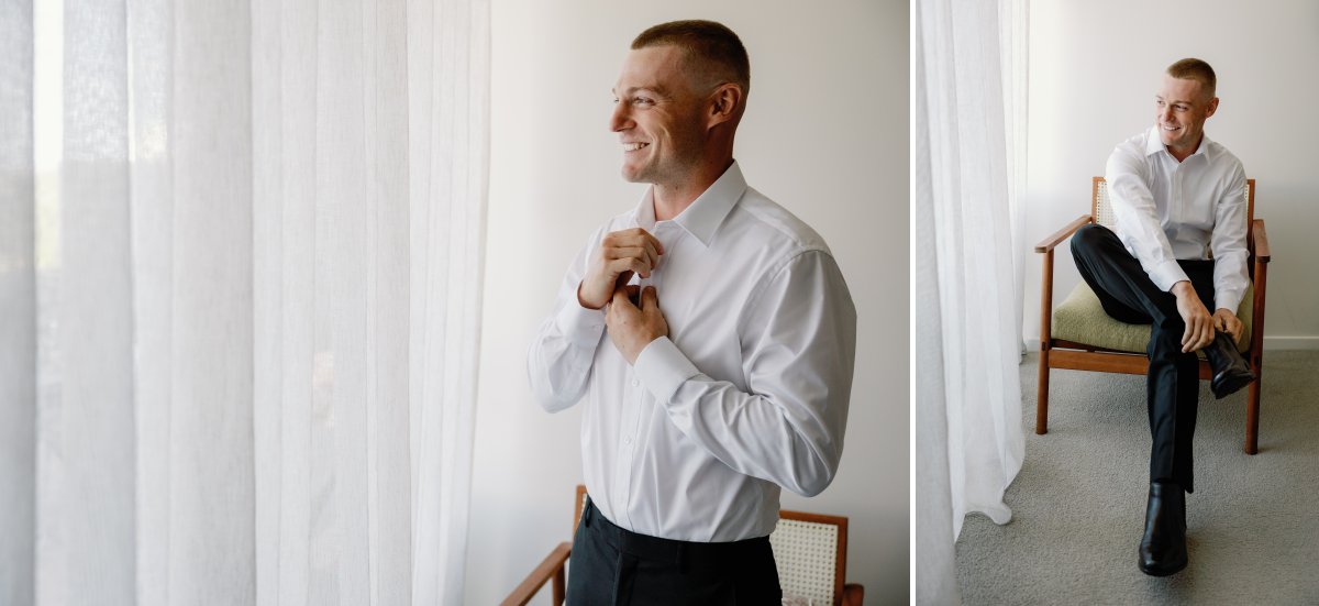 Groom getting dressed on wedding day
