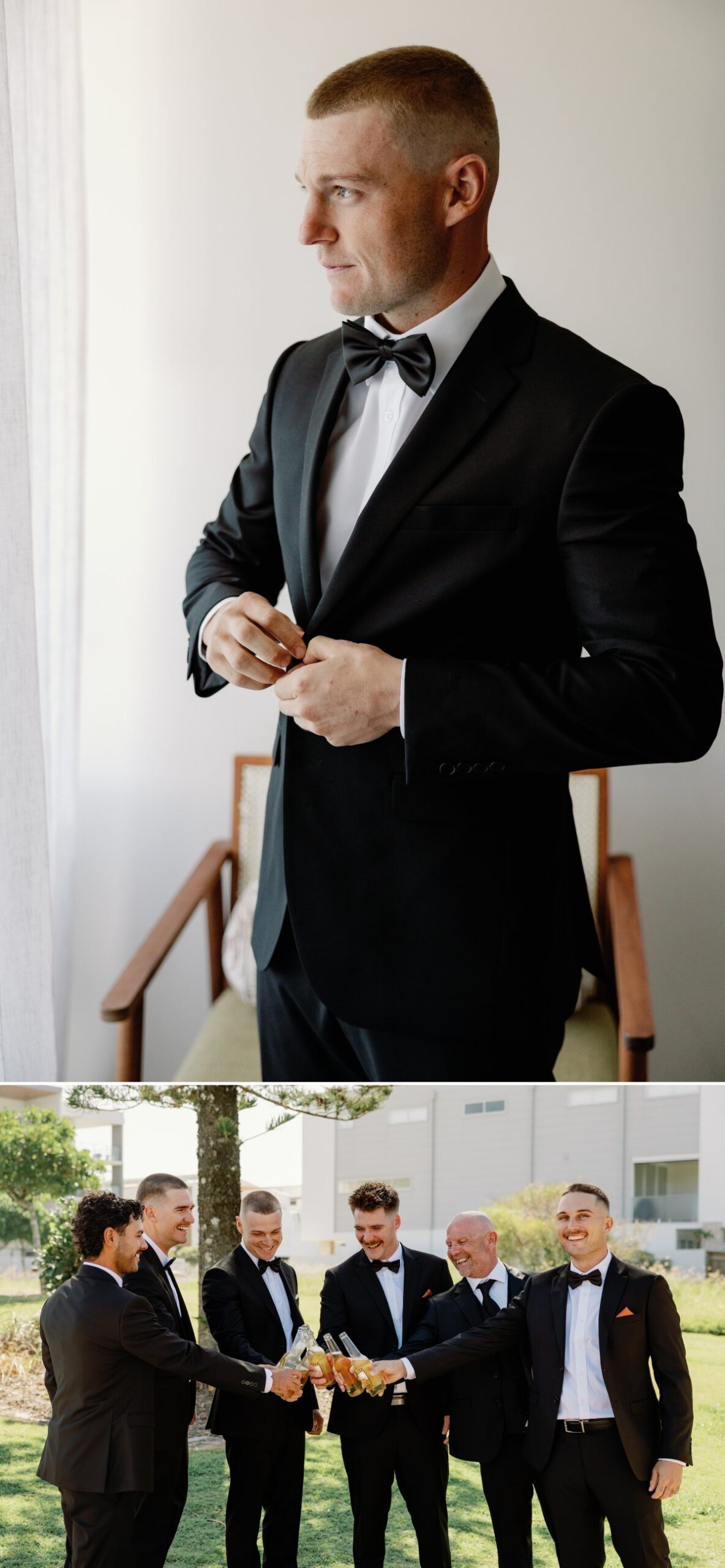 Groom getting dressed on wedding day