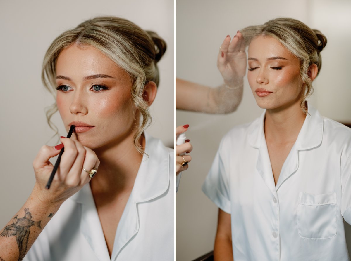 Bride getting makeup done on wedding day