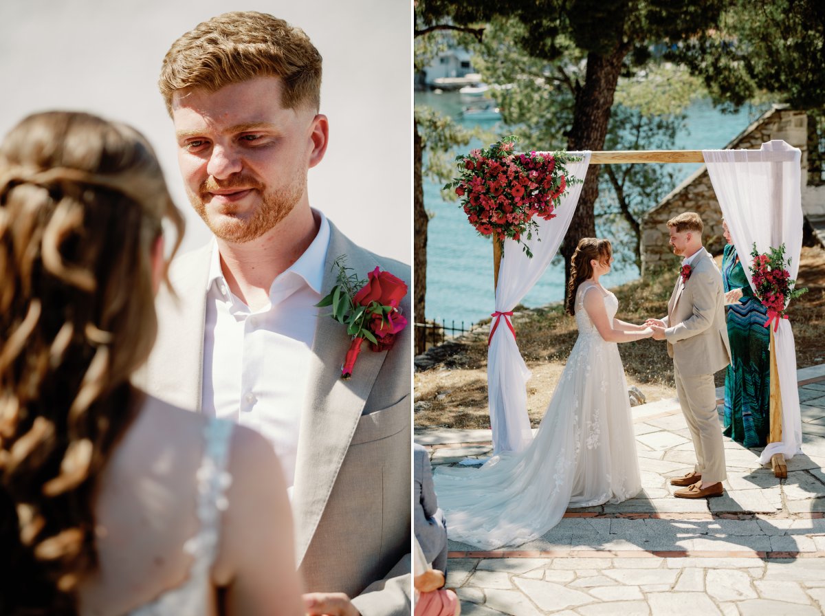 Bride and groom exchanging vows in Skiathos Greece