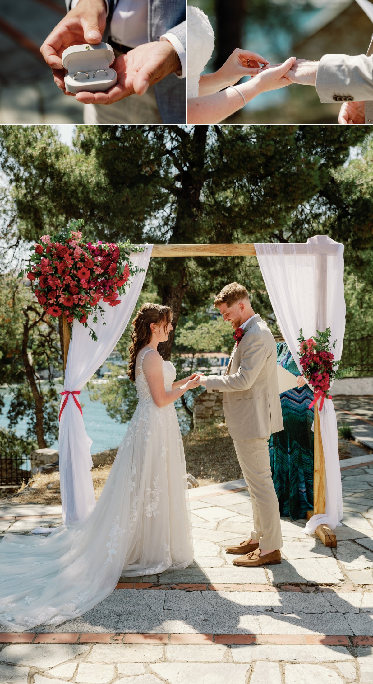 Bride and groom exchanging rings during ceremony in Skiathos Greece