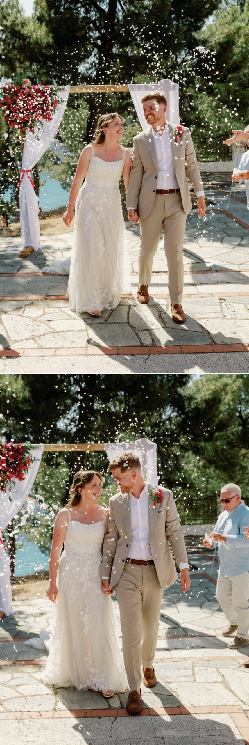 Newlyweds celebrating after their Skiathos wedding ceremony
