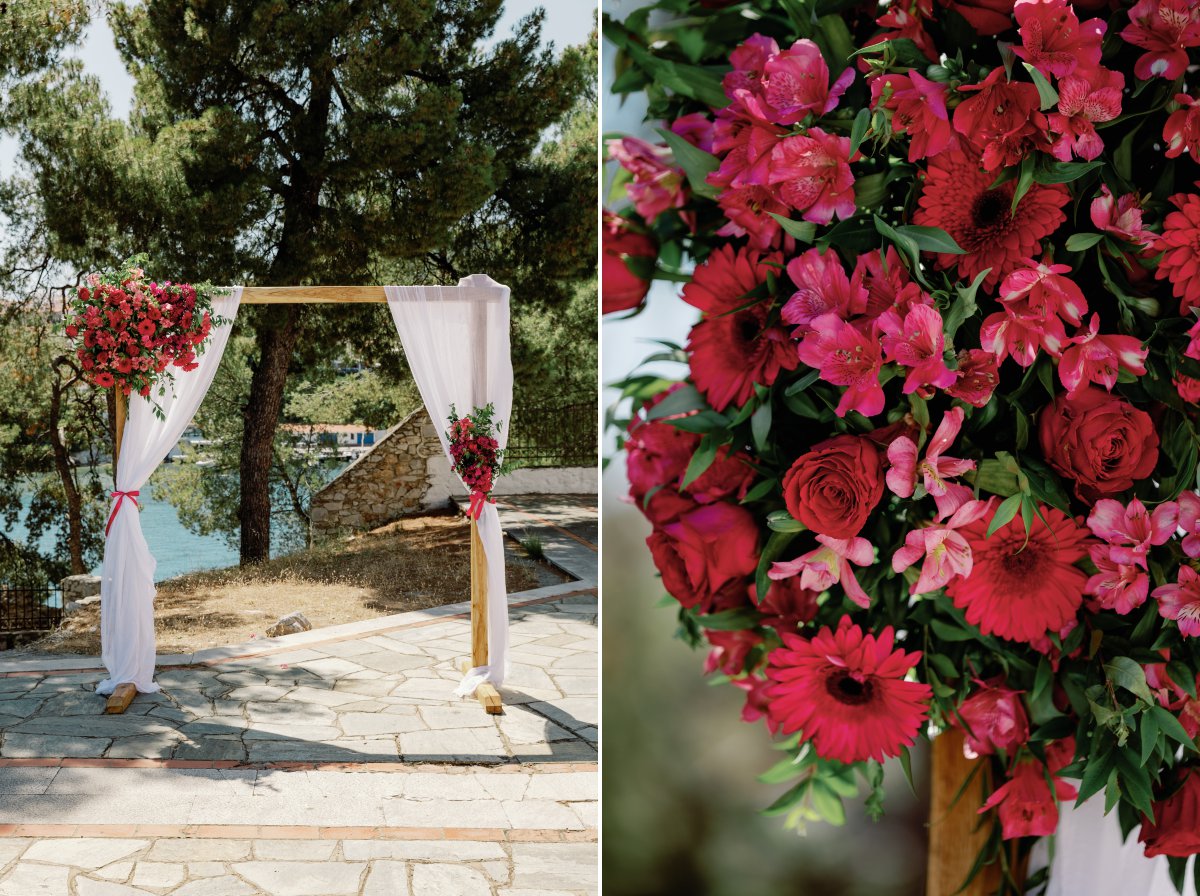 wedding arbour with pink flowers for a Skiathos wedding ceremony