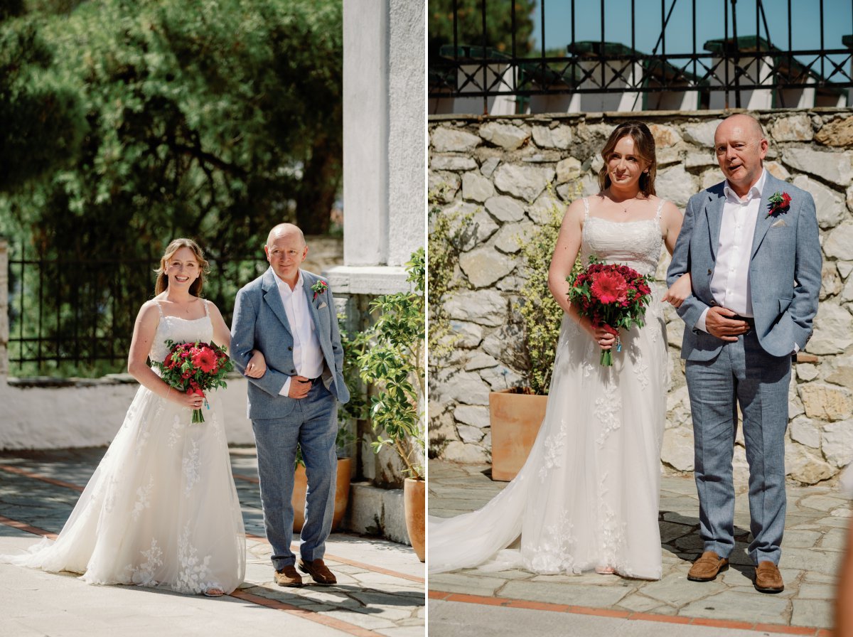 Bride arriving at Bourtzi Terrace in Skiathos