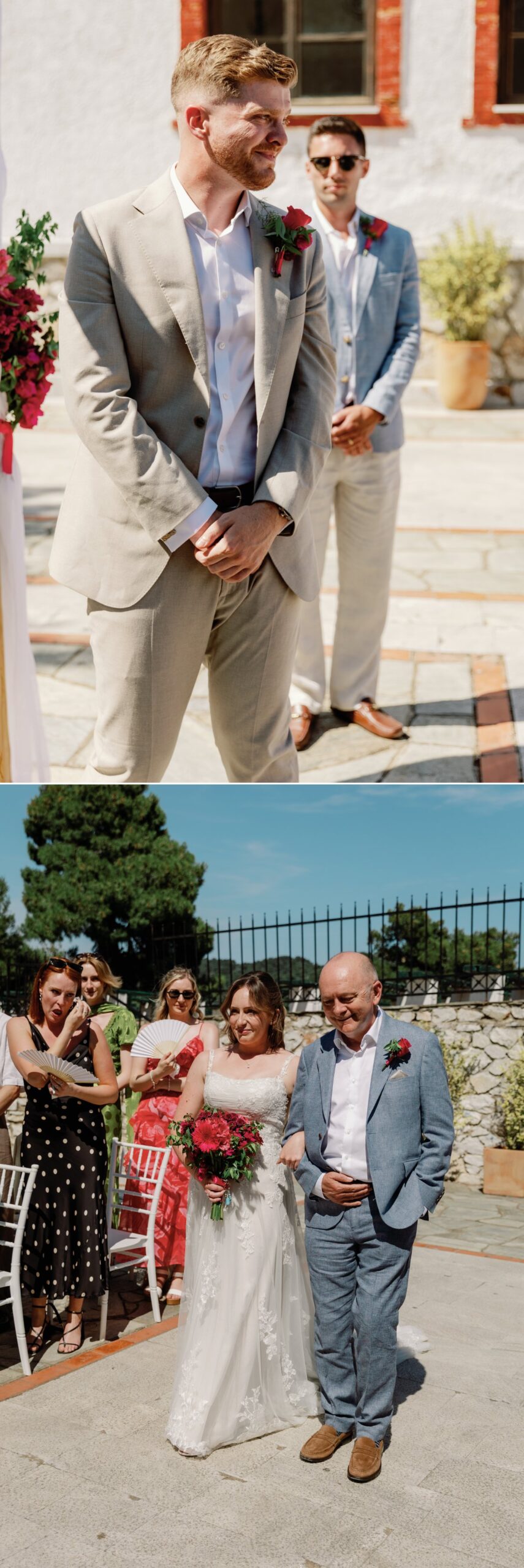 Bride walking down the aisle at Bourtzi Terrace for wedding ceremony