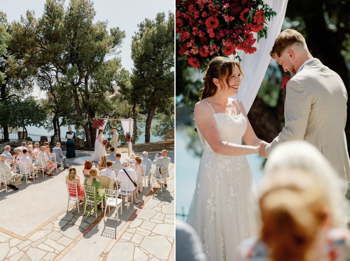 Bride and groom exchanging vows in Skiathos Greece