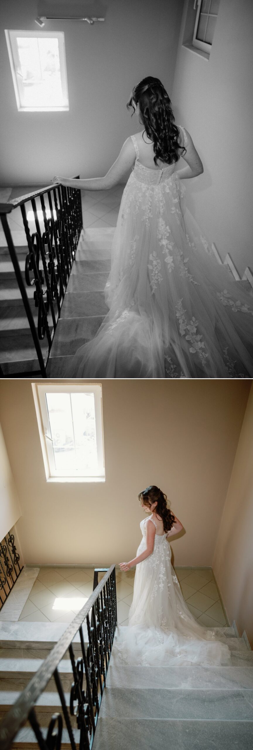 Bride walking down stairs