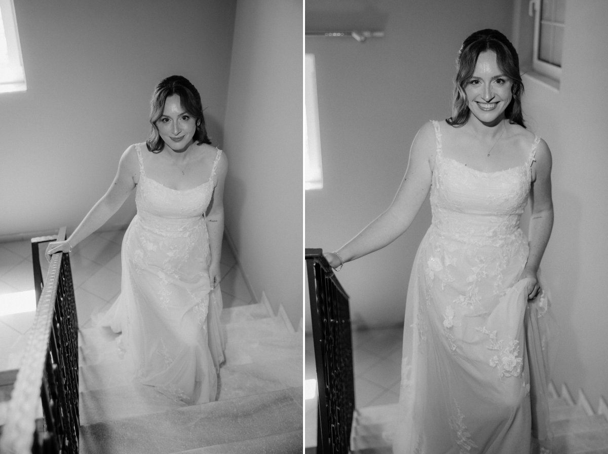 Bride walking up stairs
