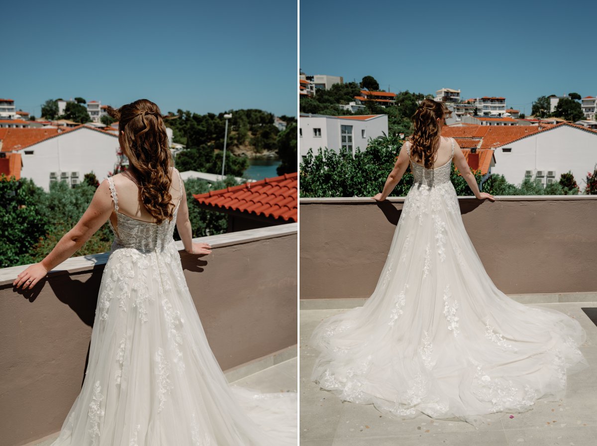 Bride overlooking Skiathos before the ceremony