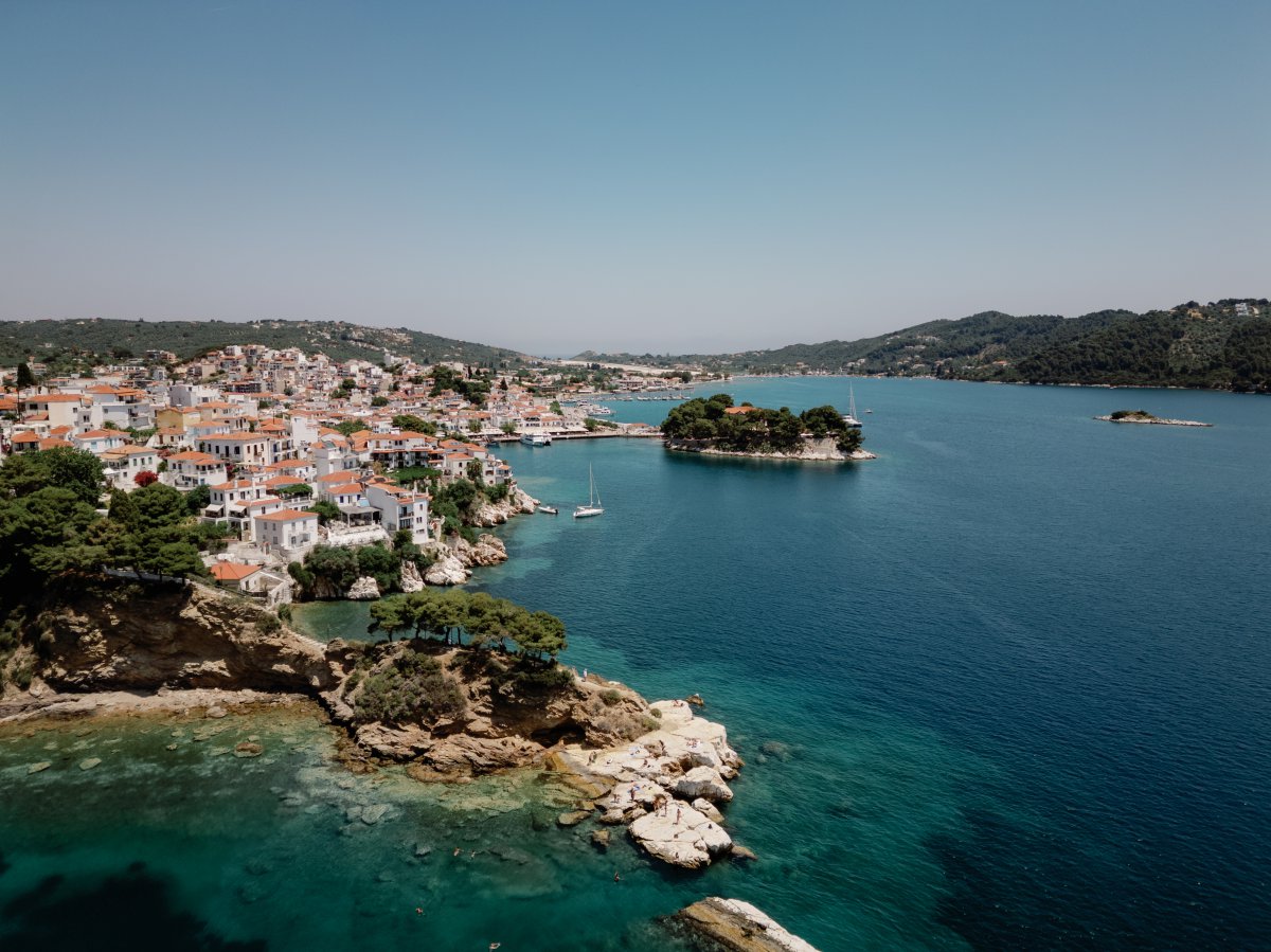 Aerial view of Skiathos Greece town and Bourtzi.