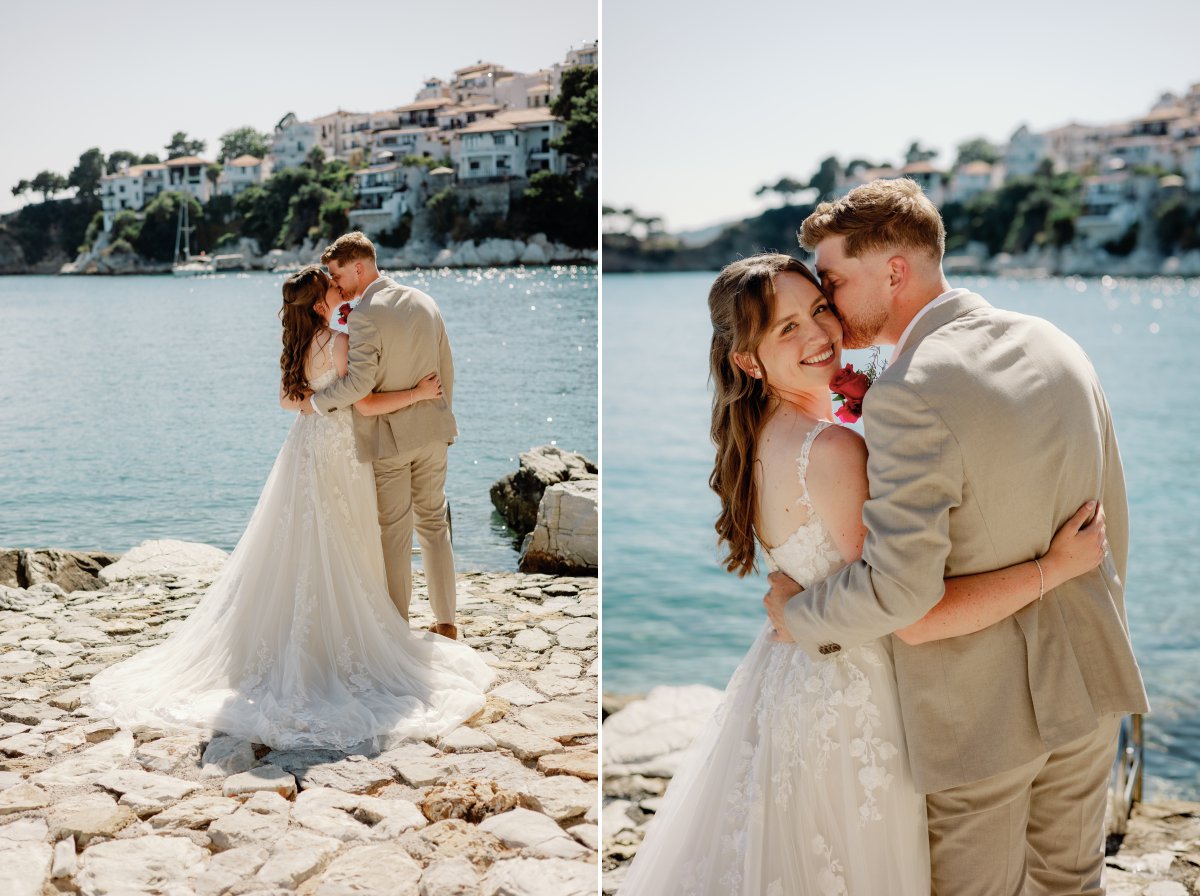 Portrait photos of bride and groom in Skiathos Greece