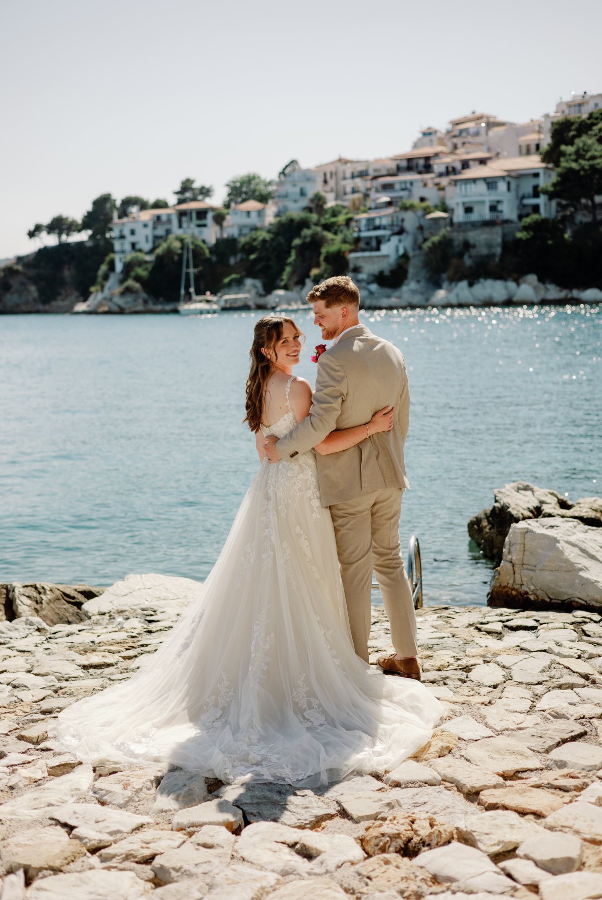 Editorial wedding portraits of a couple in Skiathos, Greece