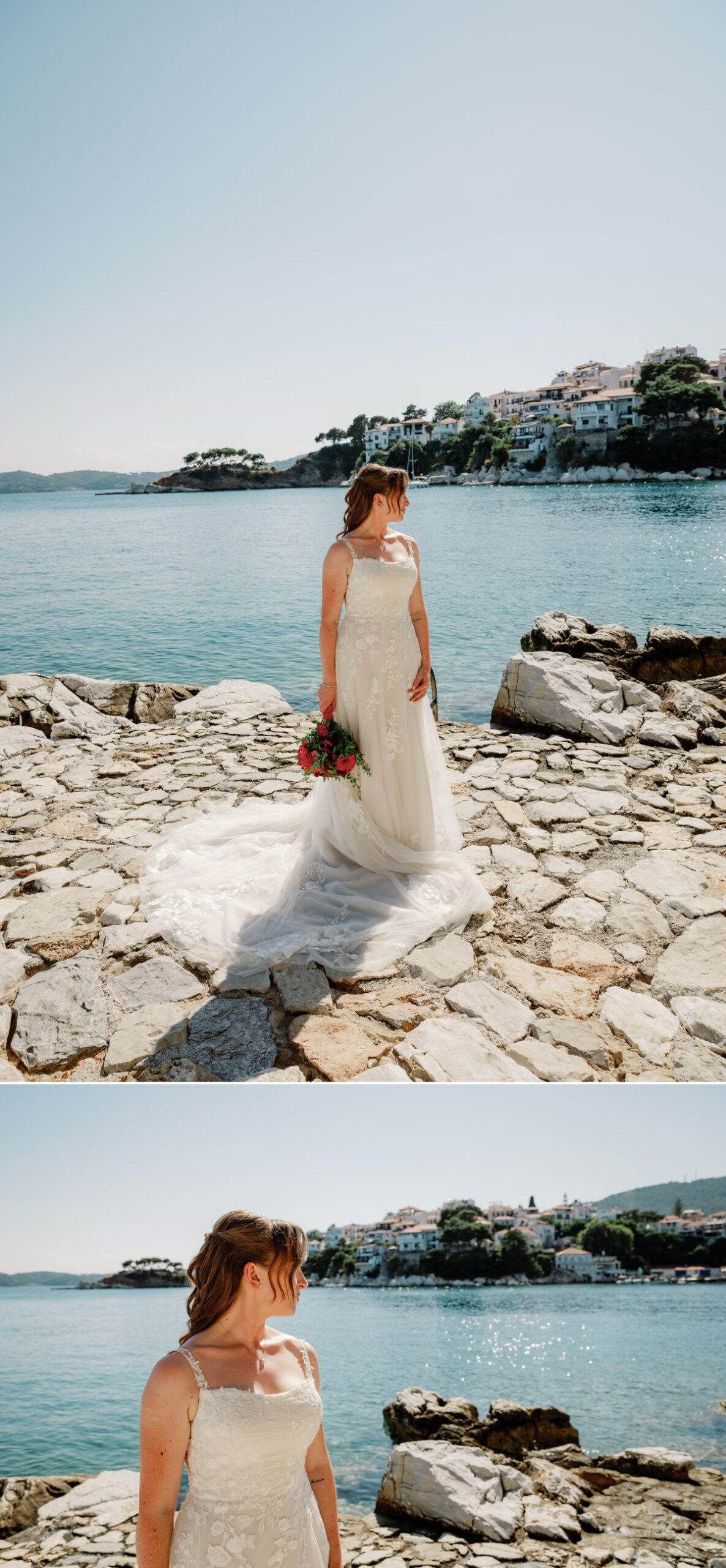 a bride in Greece photographed against the clear water and town