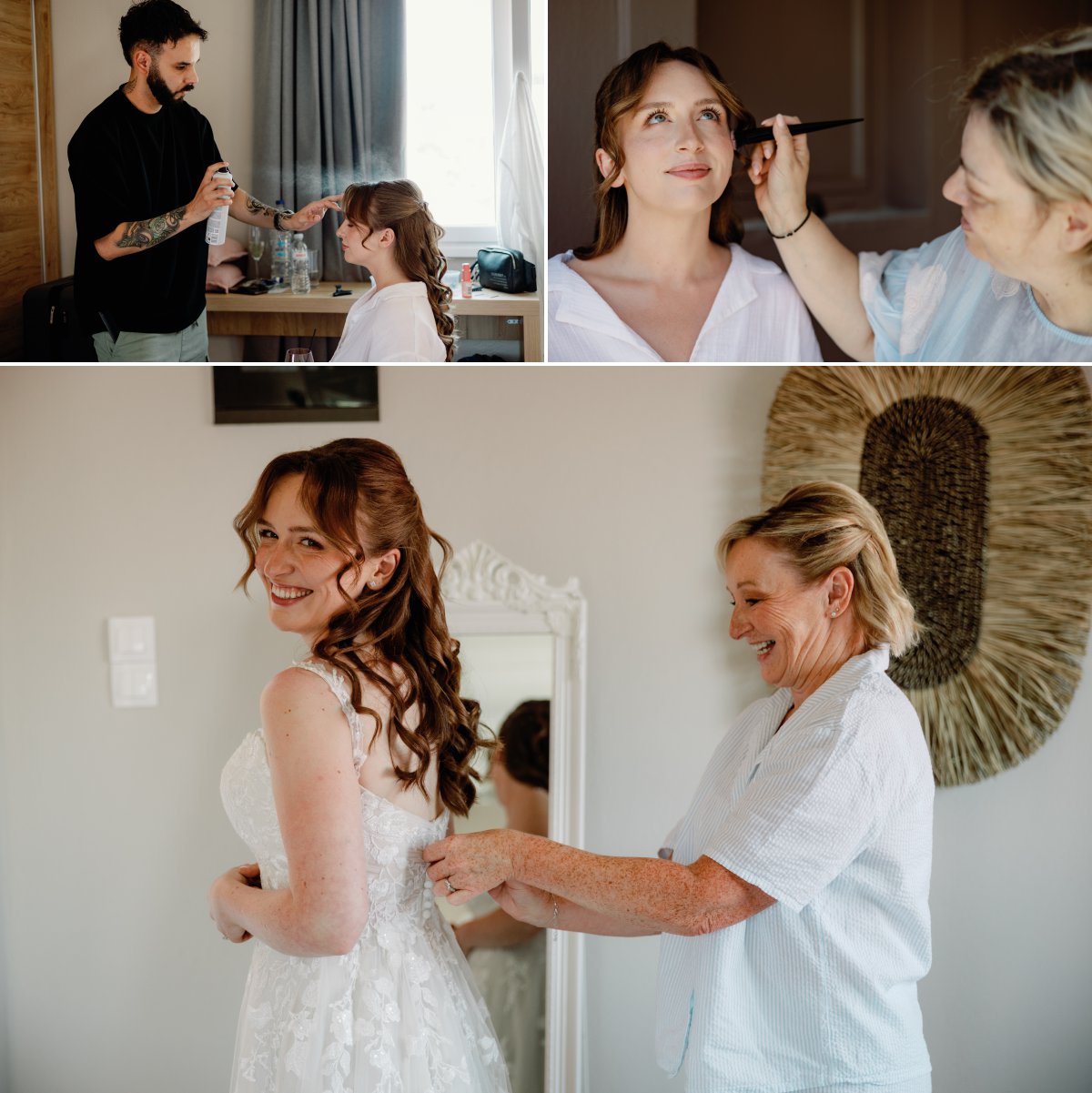 Bride having her hair and makeup done in Skiathos