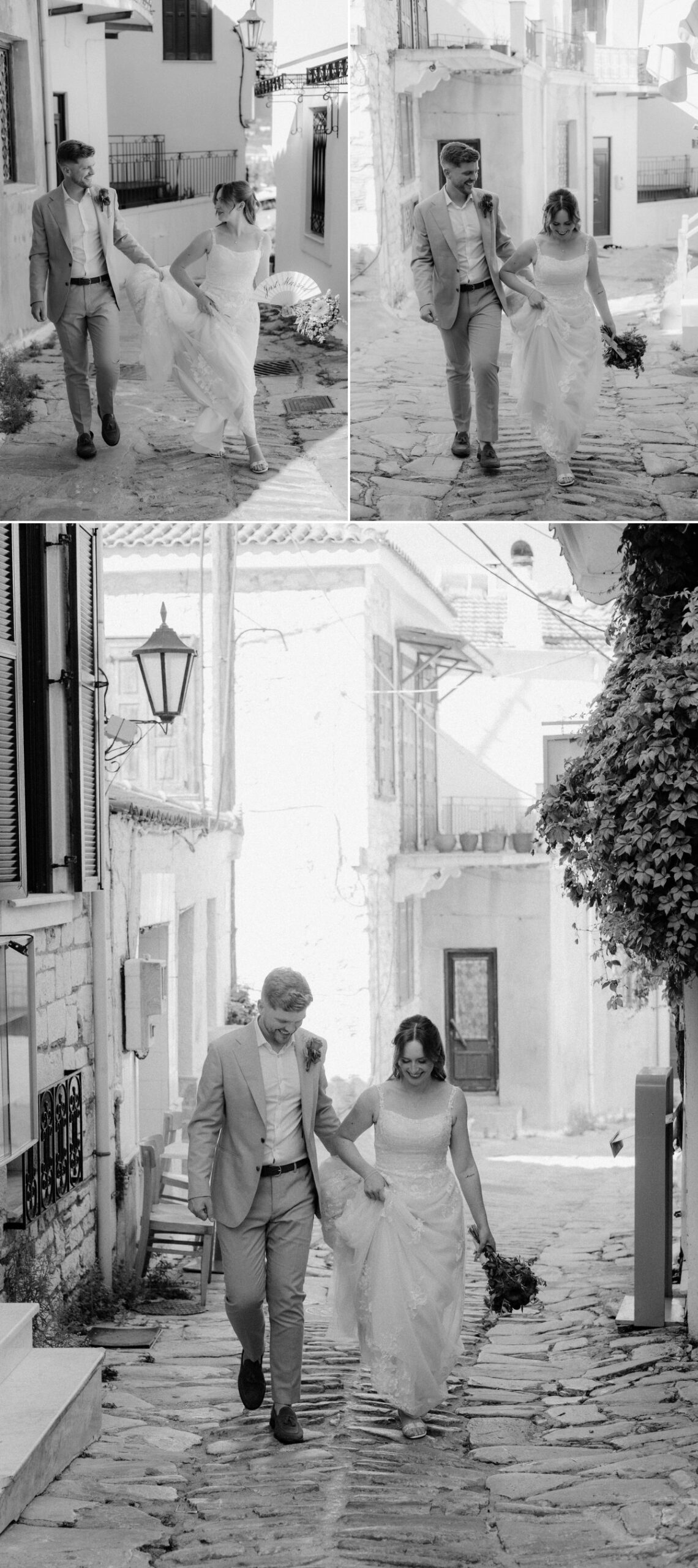Bride and groom walking together through Skiathos, Greece.