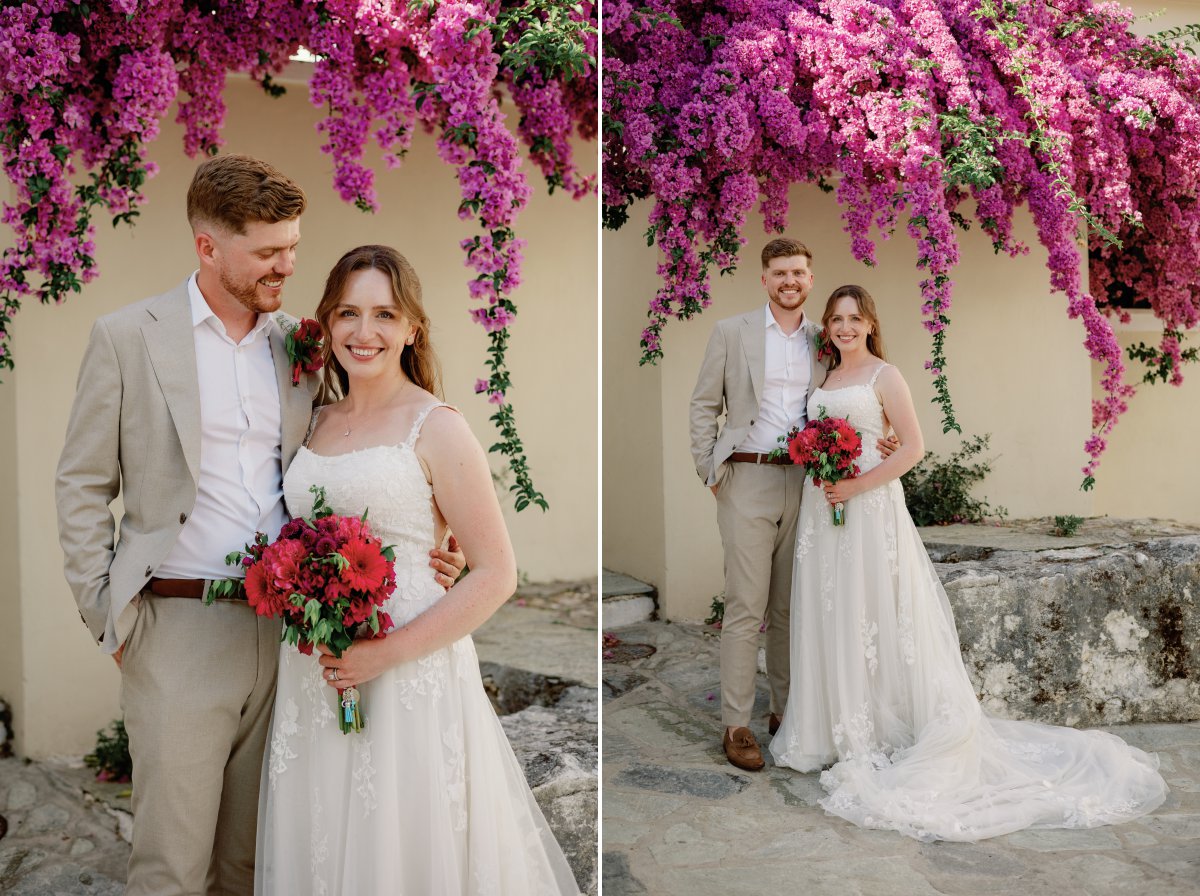 Georgina and Ben photographed in front of bougainvillea in Skiathos, Greece