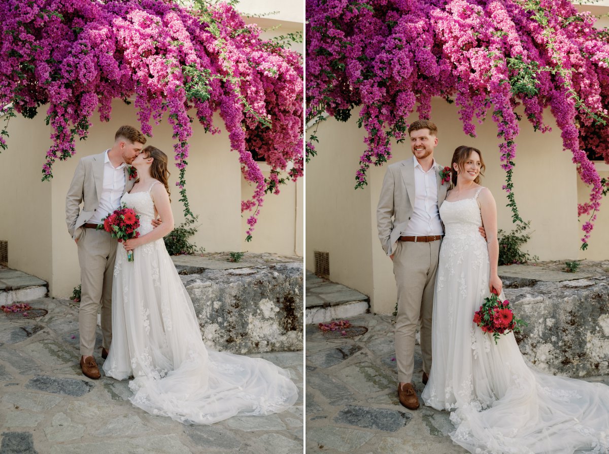 Bride and groom surrounded by bougainvillea during their Skiathos wedding