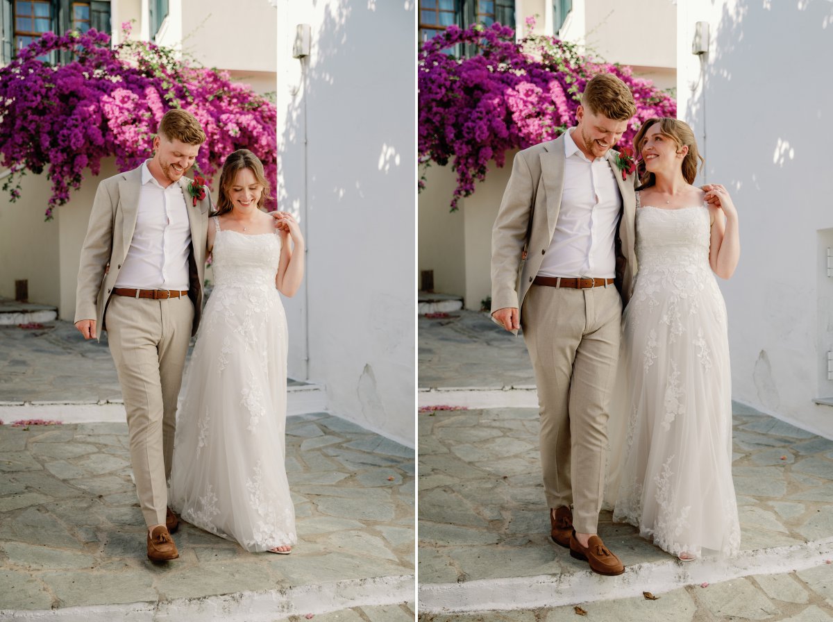 Greece wedding photography featuring bride and groom among bougainvillea