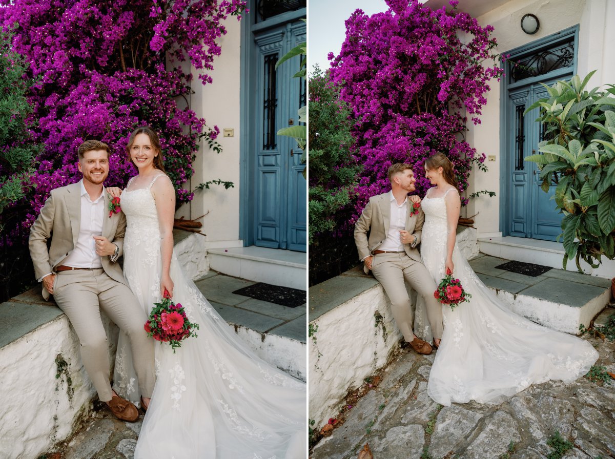 Georgina and Ben enjoying wedding portraits in Skiathos, Greece.