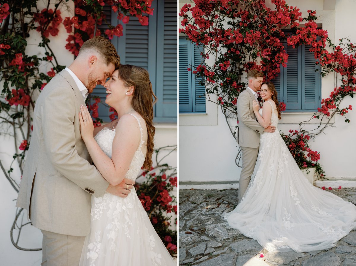 Bride and groom enjoying a romantic moment in Skiathos.