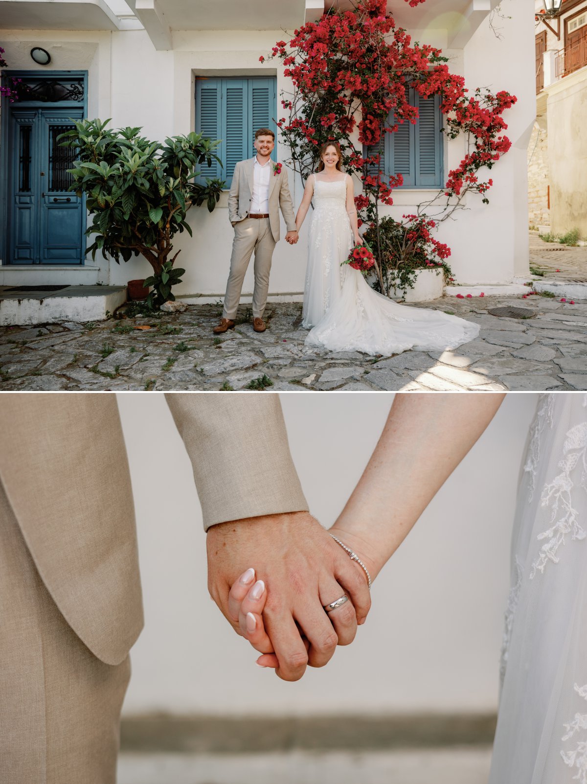 A bride and groom in Greece with a gorgeous bougainvillea